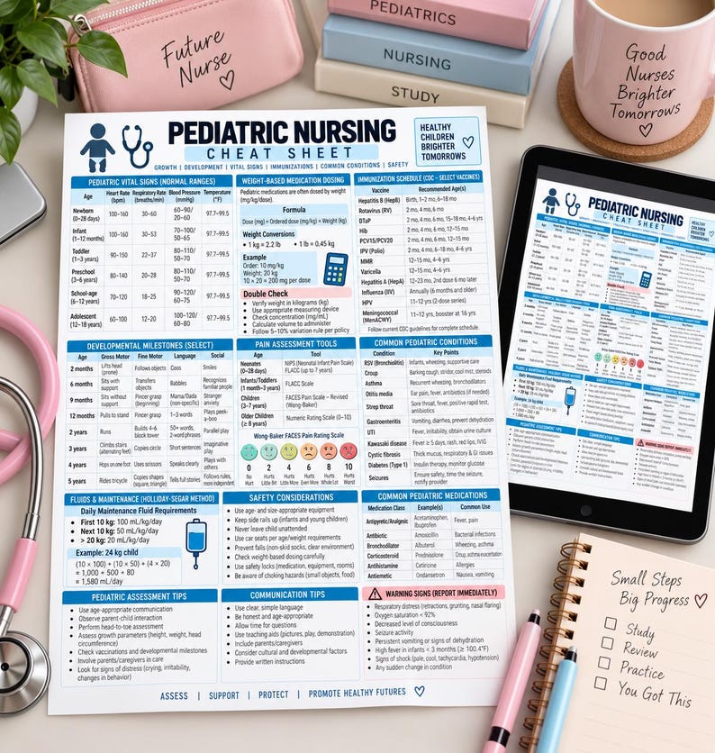 May include: A Pediatric Nursing Cheat Sheet printed on paper, featuring sections on vital signs, developmental milestones, pain assessment tools, medication formulas, and safety considerations, with a tablet displaying the same document.