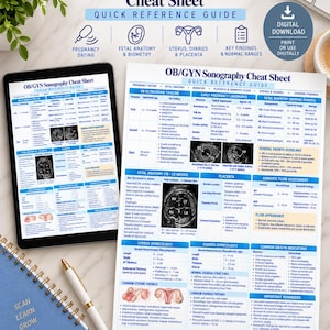 Puede incluir: Una guía de referencia rápida OB/GYN Sonography Cheat Sheet mostrada en una tableta y una hoja impresa. El documento incluye secciones sobre cronogramas de ecografía, anatomía fetal, biometría, placenta, líquido amniótico y medidas ginecológicas.