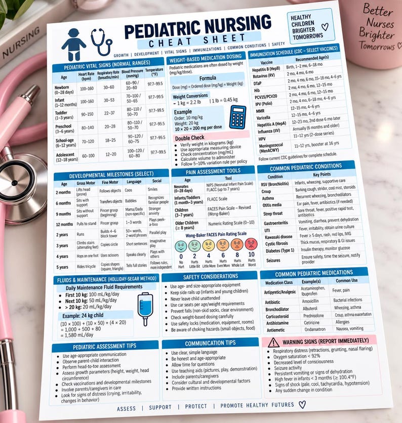 May include: A white pediatric nursing cheat sheet featuring blue and black text, tables, and charts covering vital signs, medication dosing, immunization schedules, developmental milestones, pain assessment tools, and safety considerations for children.