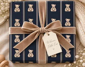 Vintage Teddy Bear Wrapping Paper, Navy Blue Baby Shower Gift Wrap, Neutral Baby Boy Gift Wrapping Paper, Classic Teddy Bear Design