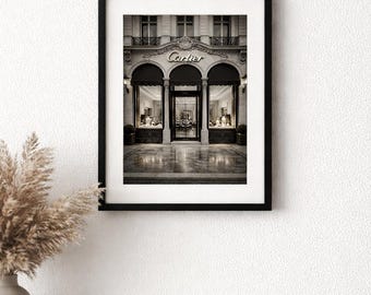Arte mural de escaparate de joyería de lujo con un elegante arco de estilo parisino en blanco y negro