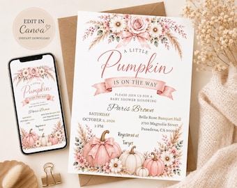 Pink Pumpkin Baby Shower Invitation, Fall Girl, Watercolor Floral, Editable Canva Template (Digital Download)