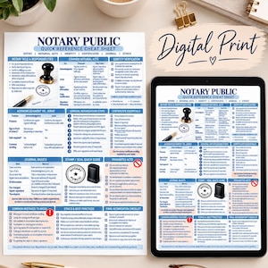 May include: A Notary Public quick reference cheat sheet printed on paper and displayed on a tablet screen. The document features sections on duties, notarial acts, identity verification, journal basics, and a stamp guide with blue and white text.