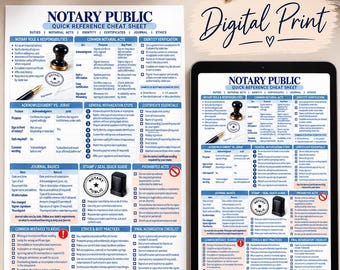Notary Public Cheat Sheet, Notary Quick Reference Guide, Printable Notary Study Guide, Acknowledgment Jurat, Digital Download