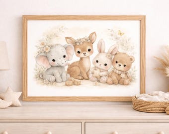 Impresión de animales del bosque para guardería / Arte de acuarela neutro / Decoración de habitación de bebé