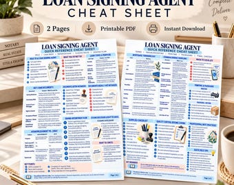 Loan Signing Agent Cheat Sheet, Notary Signing Agent Quick Reference Guide, Loan Documents Checklist, 2 Page Printable PDF