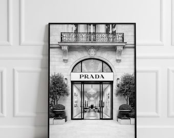 Arte mural de boutique parisina con escaparate negro, impresión de moda de lujo en blanco y negro, arquitectura de boutique francesa, decoración de diseño elegante
