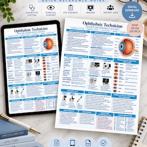 May include: An Ophthalmic Technician Quick Reference Guide displayed on a tablet screen and a printed sheet. The guide features sections on diagnostic testing, surgical support, eye diseases, imaging, and patient care, including a detailed eye anatomy diagram.