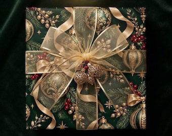 Vintage-Weihnachtsgeschenkpapier in Grün und Gold, elegante Geschenkverpackung für Ornamente