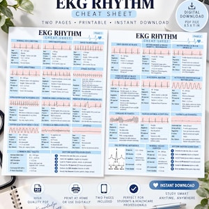 Puede incluir: Dos páginas de una hoja de referencia de ritmo EKG con gráficos médicos, trazados de ritmo cardíaco y datos de diagnóstico. El documento incluye tablas para diversas afecciones cardíacas, referencias de intervalos y pasos de identificación.