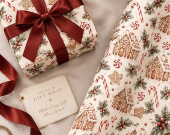 Vintage Gingerbread House Candy Cane Christmas Wrapping Paper (90 GSM)