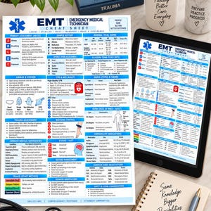 Könnte beinhalten: Ein gedrucktes EMT-Spickzettel-Blatt mit medizinischen Bewertungsrichtlinien, Vitalzeichen und Notfallprotokollen in Blau und Weiß. Das Dokument enthält Abschnitte zur Trauma-Beurteilung, HLW, Schlaganfall-Management und gängigen Medikamenten.