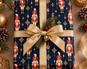 Navy Blue Nutcracker Christmas Wrapping Paper, Vintage Nutcracker Gift Wrap,