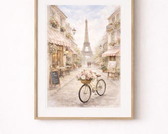 Lámina artística "Balcón de un café parisino", Torre Eiffel, bicicleta con flores (descarga digital)