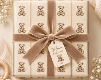 Geschenkpapier mit Vintage-Teddybärmotiv, neutrales Geschenkpapier für Babypartys, beigebraunes Geschenkpapier mit Teddybärmotiv, geschlechtsneutrales Babygeschenk
