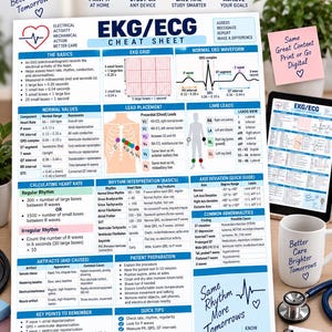 May include: An EKG/ECG cheat sheet featuring medical charts, diagrams of heart waveforms, lead placement, and rhythm interpretation tables. The document includes text sections on normal values, axis deviation, and common abnormalities for cardiac monitoring.