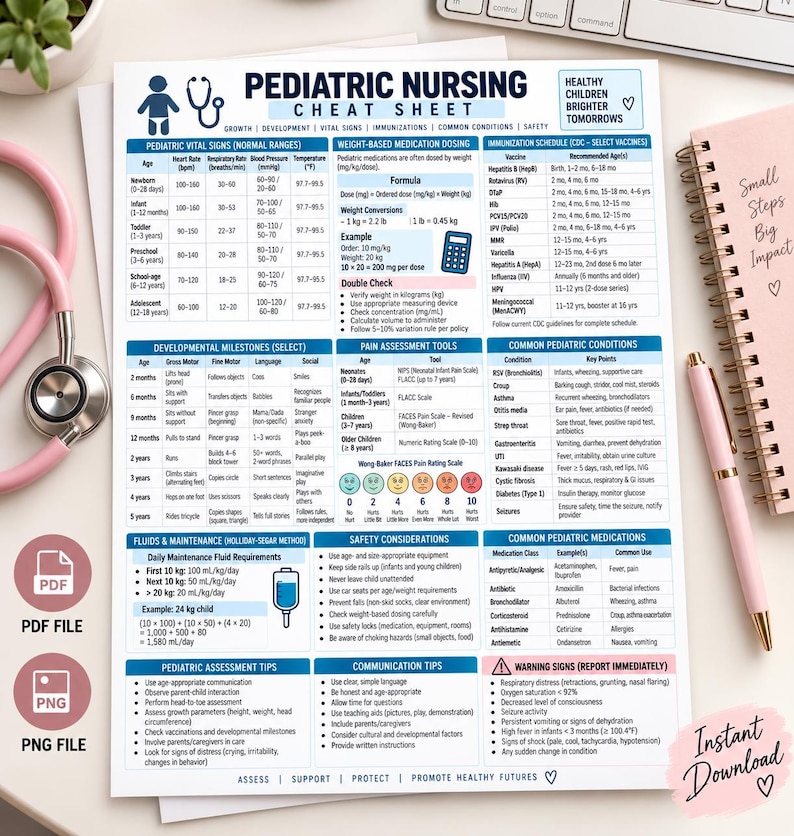 May include: A pediatric nursing cheat sheet printed on white paper, featuring tables for vital signs, developmental milestones, medication dosing, and immunization schedules. The document includes sections on pain assessment, safety, and warning signs.