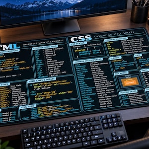 Op de afbeelding: Een rechthoekige bureaumat met een zwarte achtergrond met cyaan en witte tekst en diagrammen die HTML- en CSS-code-syntaxis beschrijven. De mat toont secties voor HTML-documentstructuur, tags, invoertypen, CSS-eigenschappen en grid.
