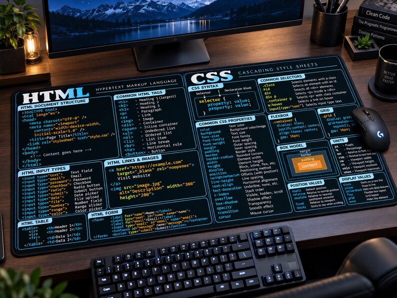 Op de afbeelding: Een rechthoekige bureaumat met een zwarte achtergrond met cyaan en witte tekst en diagrammen die HTML- en CSS-code-syntaxis beschrijven. De mat toont secties voor HTML-documentstructuur, tags, invoertypen, CSS-eigenschappen en grid.