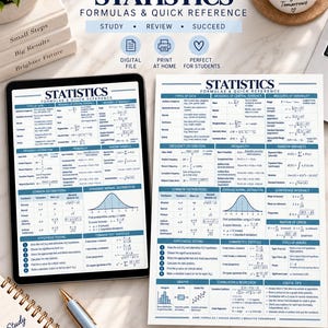 May include: A digital tablet and a printed sheet displaying a statistics formulas and quick reference guide. The document includes sections for types of data, measures of central tendency, probability, common distributions, and hypothesis testing.