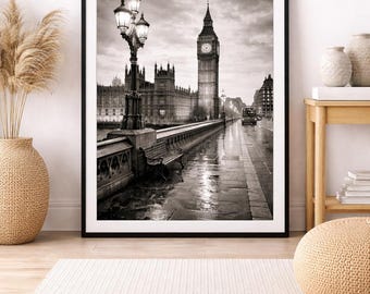 Lámina con la Torre del Reloj Big Ben, Arte mural arquitectónico de Londres con un toque melancólico (Descarga digital)