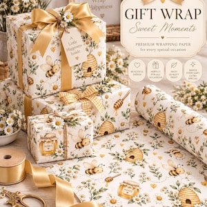 May include: Wrapping paper featuring a repeating pattern of bees, beehives, honey jars, and white daisies on a cream background. The paper is shown on wrapped gift boxes with gold satin ribbons, a gift tag, and a roll of matching paper.