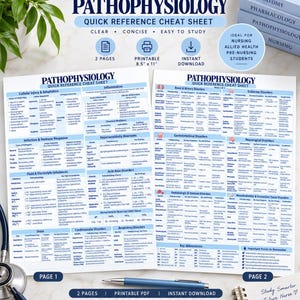 Może przedstawiać: Dwustronicowa ściąga z patofizjologii wydrukowana na białym papierze z niebieskimi nagłówkami i tekstem. Dokument zawiera tabele szczegółowo opisujące uszkodzenia komórek, stany zapalne oraz różne zaburzenia układów ciała, z niebieskim długopisem.