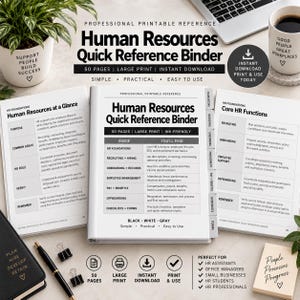 Puede incluir: Una guía imprimible Human Resources Quick Reference Binder con 50 páginas sobre fundamentos de RR.HH., reclutamiento, incorporación, gestión de empleados, nómina, beneficios y desvinculación. El documento incluye tablas y formularios.