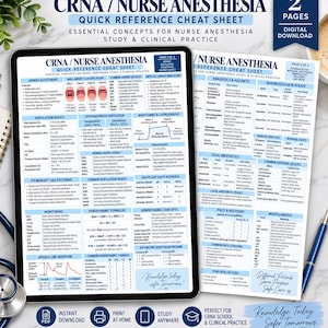 May include: A two-page digital download cheat sheet for CRNA and nurse anesthesia study. The document features tables, charts, and text covering airway assessment, ventilation basics, hemodynamic formulas, and pharmacology for clinical practice.