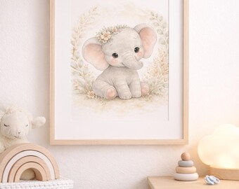Lámina infantil de elefante en acuarela, decoración safari neutra (relación 2:3) (Descarga digital)