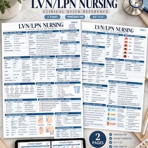 May include: A two-page LVN/LPN nursing clinical quick reference guide in a printable PDF format. The document features tables for vital signs, assessments, wound drainage, and medication administration, measuring 8.5 inches by 11 inches.