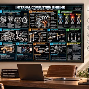 Może przedstawiać: Czarny plakat edukacyjny zatytułowany Internal Combustion Engine Study Reference Guide, zawierający dwanaście numerowanych sekcji ze szczegółowymi schematami i tekstem wyjaśniającym typy silników, anatomię, cykle i różne układy mechaniczne.