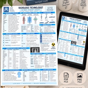 May include: A Radiologic Technologist X-Ray Cheat Sheet printed on paper, featuring blue and white sections with medical terminology, anatomical planes, patient positions, exposure factors, and radiation safety tips, alongside a tablet displaying the same.