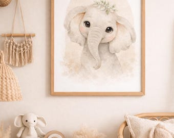 Lámina infantil de elefante en acuarela, decoración safari neutra (relación 2:3) (Descarga digital)