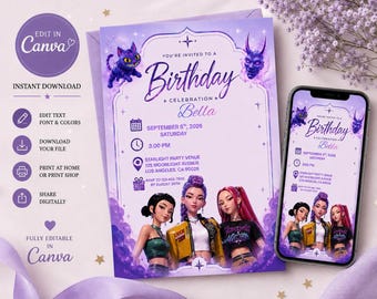 KPop Demon Hunters Birthday Invitation | Purple Fantasy Theme (Digital Download)