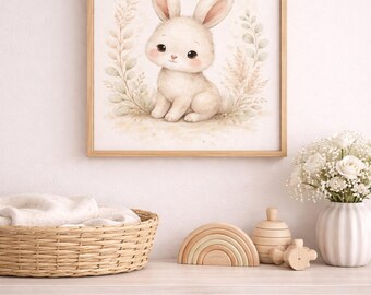 Impresión de guardería de conejo bebé en acuarela, decoración de safari neutra