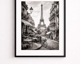 Impresión fotográfica de París: Torre Eiffel, balcón de un café (descarga digital)