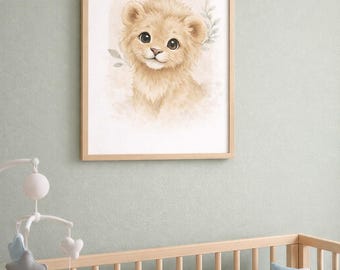Lámina infantil de león en acuarela, decoración de safari neutra (descarga digital, relación de aspecto 2:3)