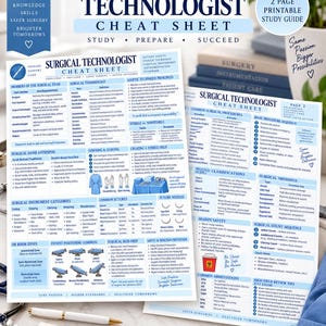Puede incluir: Una guía de estudio imprimible de dos páginas para tecnólogos quirúrgicos, con texto, tablas y diagramas en azul y blanco. El documento incluye secciones sobre terminología quirúrgica, técnicas asépticas y categorías de instrumentos.