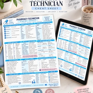 May include: A Pharmacy Technician Cheat Sheet printed on paper and displayed on a tablet screen. The document features blue and white sections detailing medication, calculations, law, safety, and patient care information with clear text and icons.
