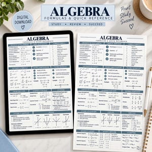 May include: An algebra formulas and quick reference guide displayed on a tablet screen and a printed sheet. The document features sections for properties of real numbers, exponents, radicals, linear and quadratic functions, factoring, and graphs.