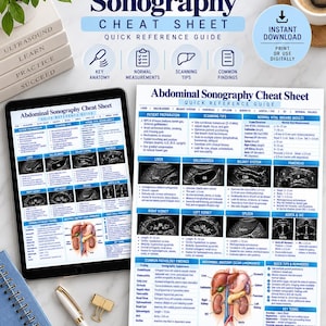 Peut inclure: Un guide de référence rapide Abdominal Sonography Cheat Sheet présentant des textes médicaux, des images d'échographie d'organes et des schémas anatomiques. Le document inclut des sections sur la préparation du patient et les mesures.