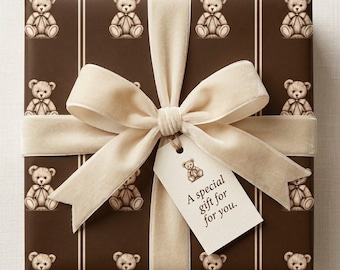 Vintage Teddy Bear Wrapping Paper, Brown Beige Baby Shower Gift Wrap, Neutral Baby Gift Wrapping Paper, Classic Teddy Bear Print