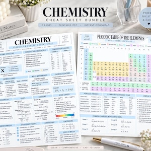 May include: A two-page chemistry cheat sheet bundle featuring a formulas and concepts guide and a periodic table of the elements. The documents include detailed charts, chemical equations, atomic structure diagrams, and conversion tables in blue.