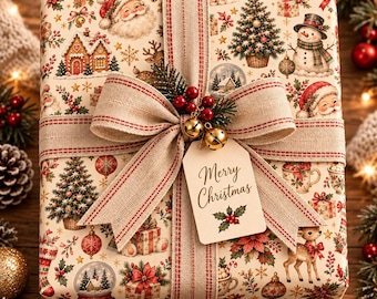 Vintage Christmas Wrapping Paper, Nostalgic Santa Gift Wrap, Reindeer Snowman Teddy Bear Holiday Paper, Cottagecore Christmas Decor