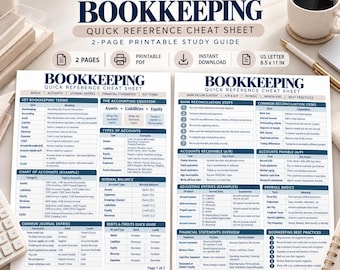 Bookkeeping Quick Reference Cheat Sheet, Accounting Basics, Journal Entries, Bank Reconciliation (2-Page PDF)