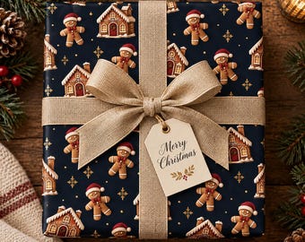 Gingerbread Christmas Wrapping Paper, Navy Blue Holiday Gift Wrap, Gingerbread Man and House, Festive Christmas Gift Paper