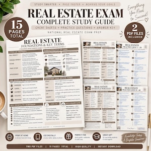 May include: A real estate exam study guide consisting of 15 pages across 2 PDF files. The documents feature text titled Real Estate Foundations and Key Terms, Real Estate Contracts, Real Estate Financing and Mortgages, and practice quizzes 1-40.