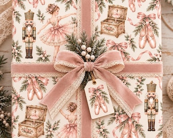 Vintage Christmas Ballet Wrapping Paper, Ballerina Gift Wrap, Nutcracker Christmas Paper, Pink Ballet Holiday Wrap