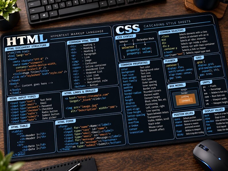 Op de afbeelding: Een rechthoekige zwarte bureaumat met een uitgebreide wit en blauw bedrukte referentiegids voor HTML- en CSS-codering. De lay-out bevat secties voor HTML-documentstructuur, tags, invoertypen en CSS-syntaxis, eigenschappen en het boxmodel.